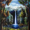 Forest waterfall painting with trees and flowing water