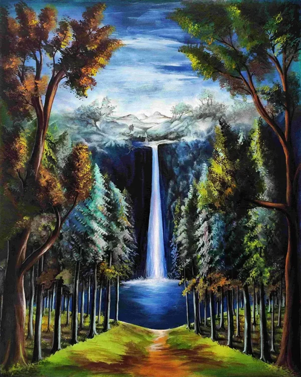 Forest waterfall painting with trees and flowing water