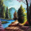Forest river landscape artwork with colorful trees
