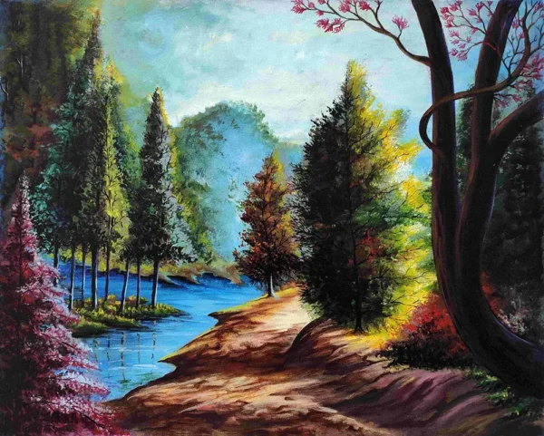 Forest river landscape artwork with colorful trees