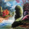 Nature scenery painting with river, trees, and vibrant foliage