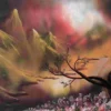Expressive mountain landscape painting featuring a solitary tree