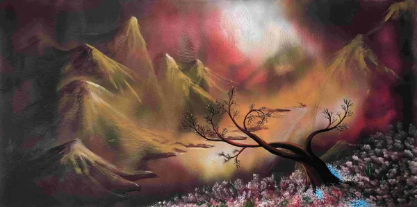 Expressive mountain landscape painting featuring a solitary tree