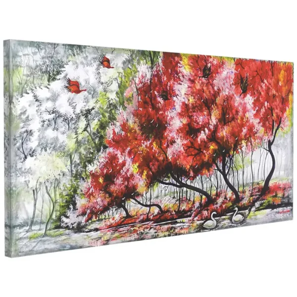 Red tree forest landscape acrylic painting with flowing water