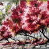 Hand-painted red foliage landscape artwork on canvas