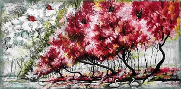 Hand-painted red foliage landscape artwork on canvas