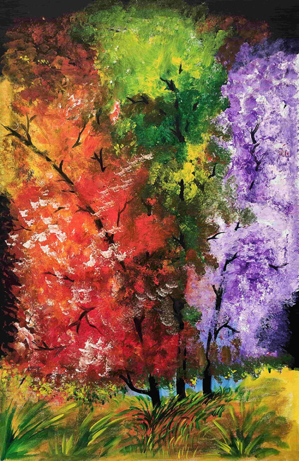 Hand-painted colorful tree artwork on canvas