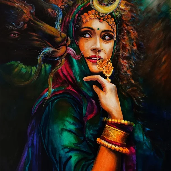 Rajasthani Iron Lady with dragon fantasy folk painting