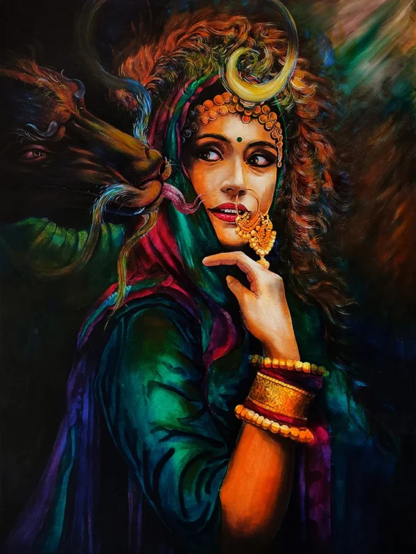 Rajasthani Iron Lady with dragon fantasy folk painting