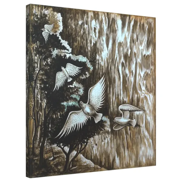 Birds flying landscape acrylic painting with forest backdrop