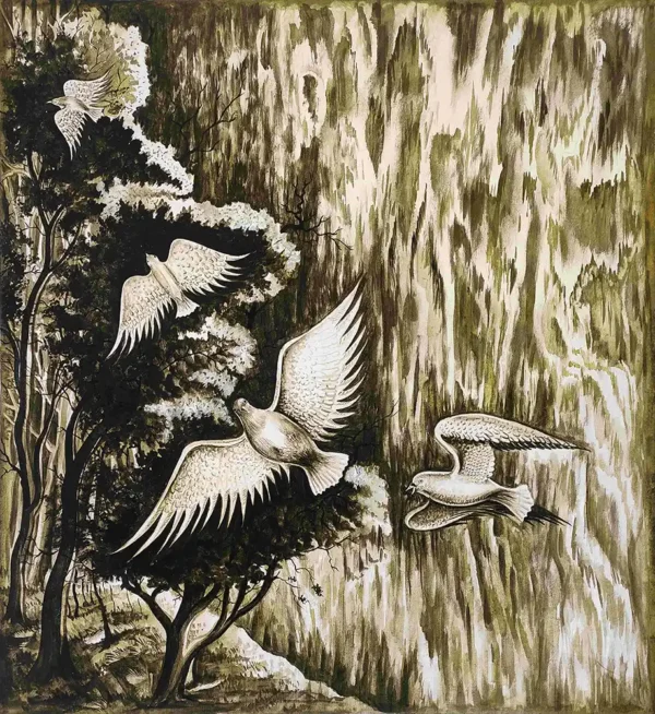 Hand-painted birds in flight nature artwork on canvas