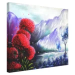 Red flower landscape acrylic painting with mountains and water