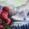Hand-painted red floral scenery artwork on canvas