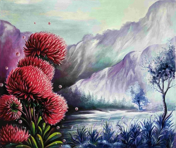 Hand-painted red floral scenery artwork on canvas