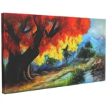 Autumn forest landscape acrylic painting with stream and mountains