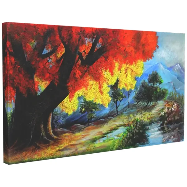 Autumn forest landscape acrylic painting with stream and mountains