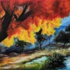 Hand-painted autumn scenery artwork with vibrant foliage