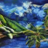 Tropical Kerala nature painting with palms and hills