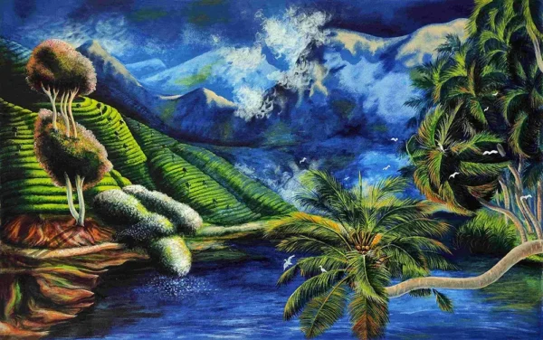 Tropical Kerala nature painting with palms and hills