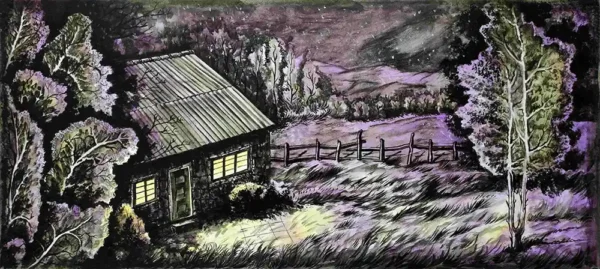 Hand-painted countryside cabin scenery artwork