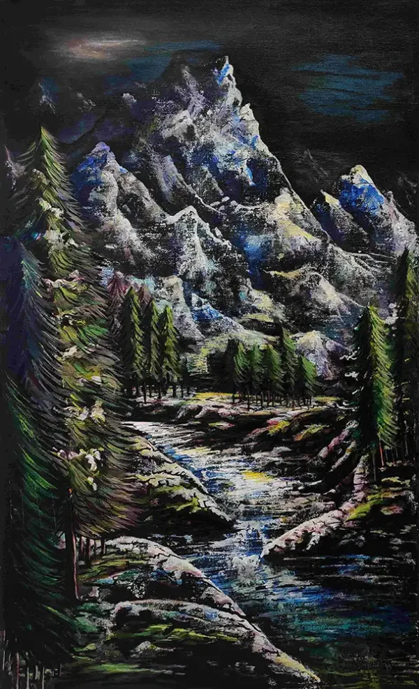 Textured mountain landscape palette knife painting at night