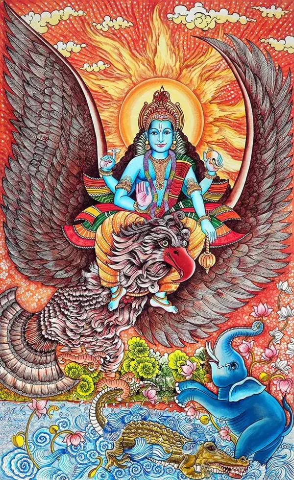 Traditional Kerala mural of Gajendra Moksha