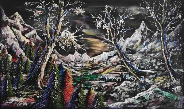 Winter mountain landscape palette knife painting with snow