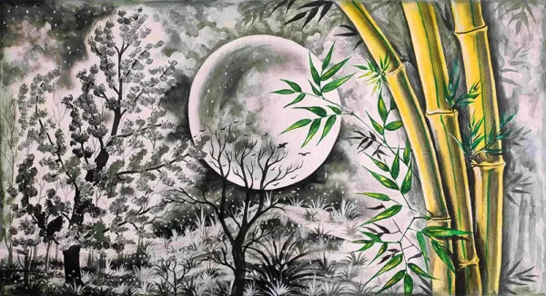 Zen-inspired bamboo forest artwork with full moon
