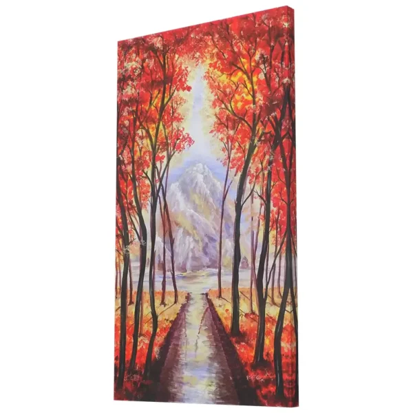 Red trees lakeside landscape acrylic painting with reflections