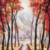 Autumn red forest painting with water pathway
