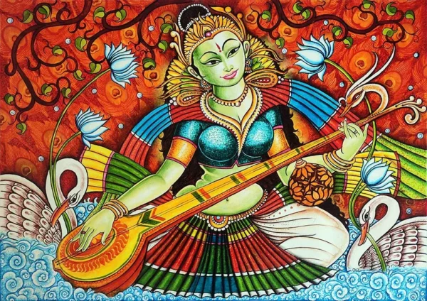 Saraswati Kerala mural painting with veena
