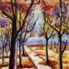 Hand-painted autumn trees artwork with winding path