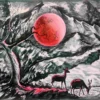 Night wildlife scenery painting with deer and mountains