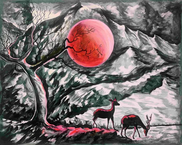 Night wildlife scenery painting with deer and mountains