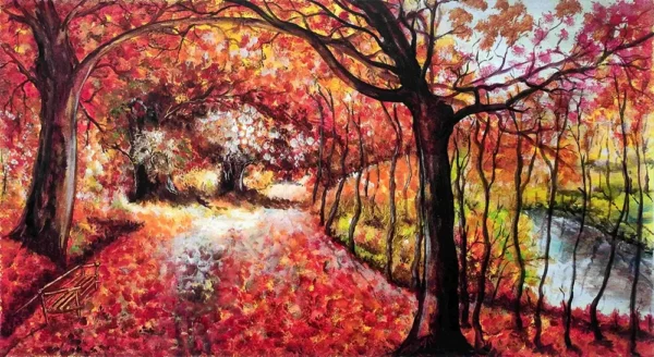 Autumn forest canopy landscape acrylic painting