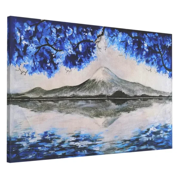 Calm mountain lake artwork in blue tones