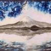 Blue mountain lake landscape acrylic painting with reflection