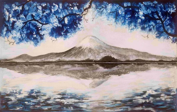 Blue mountain lake landscape acrylic painting with reflection
