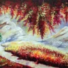 Fall meadow painting with mountains and lone tree