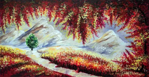 Fall meadow painting with mountains and lone tree