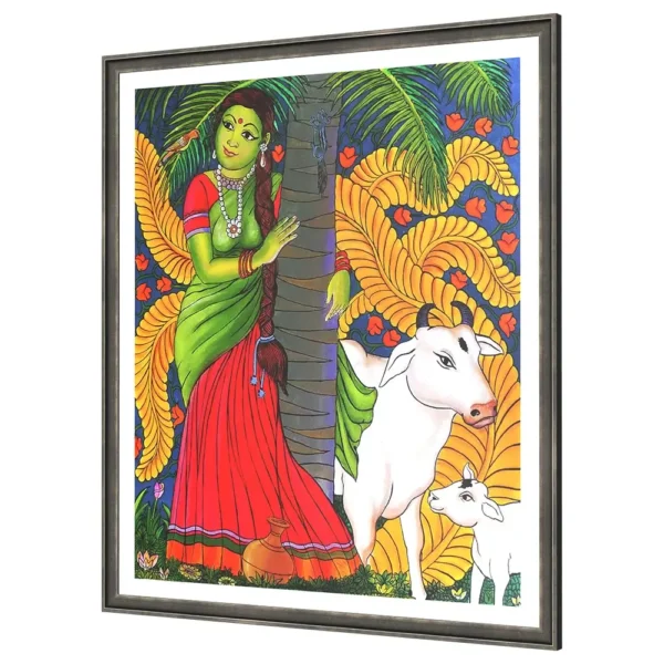 Traditional Kerala mural woman with cow