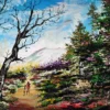 Walking path landscape acrylic painting with figures