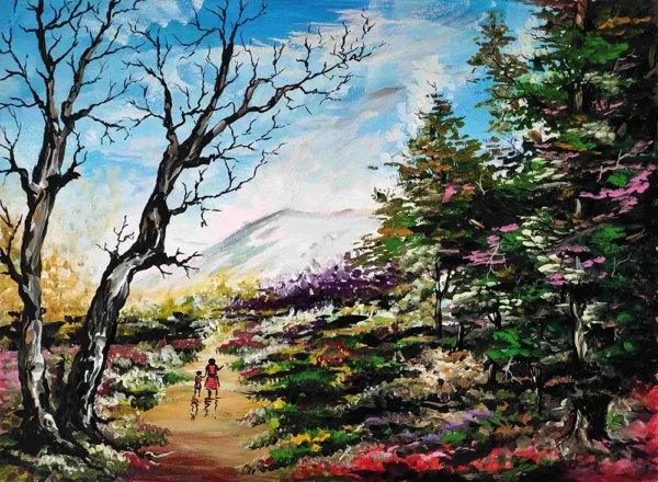Walking path landscape acrylic painting with figures