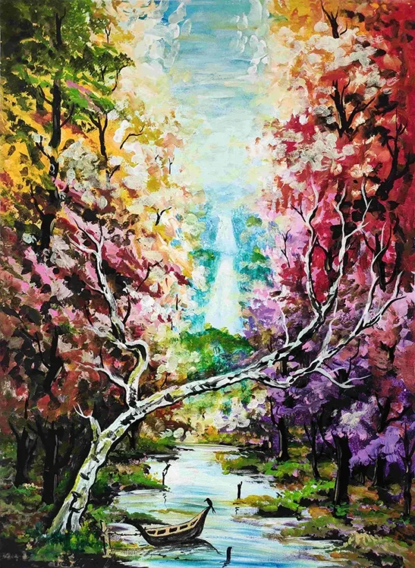 Boat river landscape acrylic painting with colorful trees
