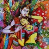 Krishna Radha Kerala mural painting with flute and floral background