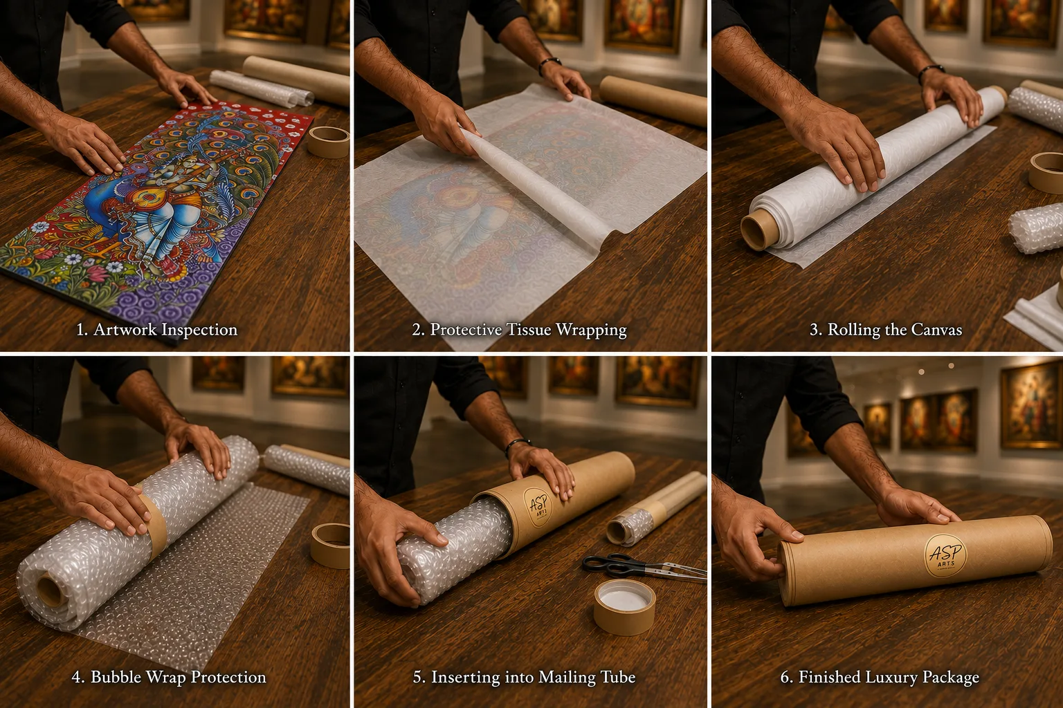 Rolled canvas painting being carefully wrapped and packed for shipping by ASP Arts