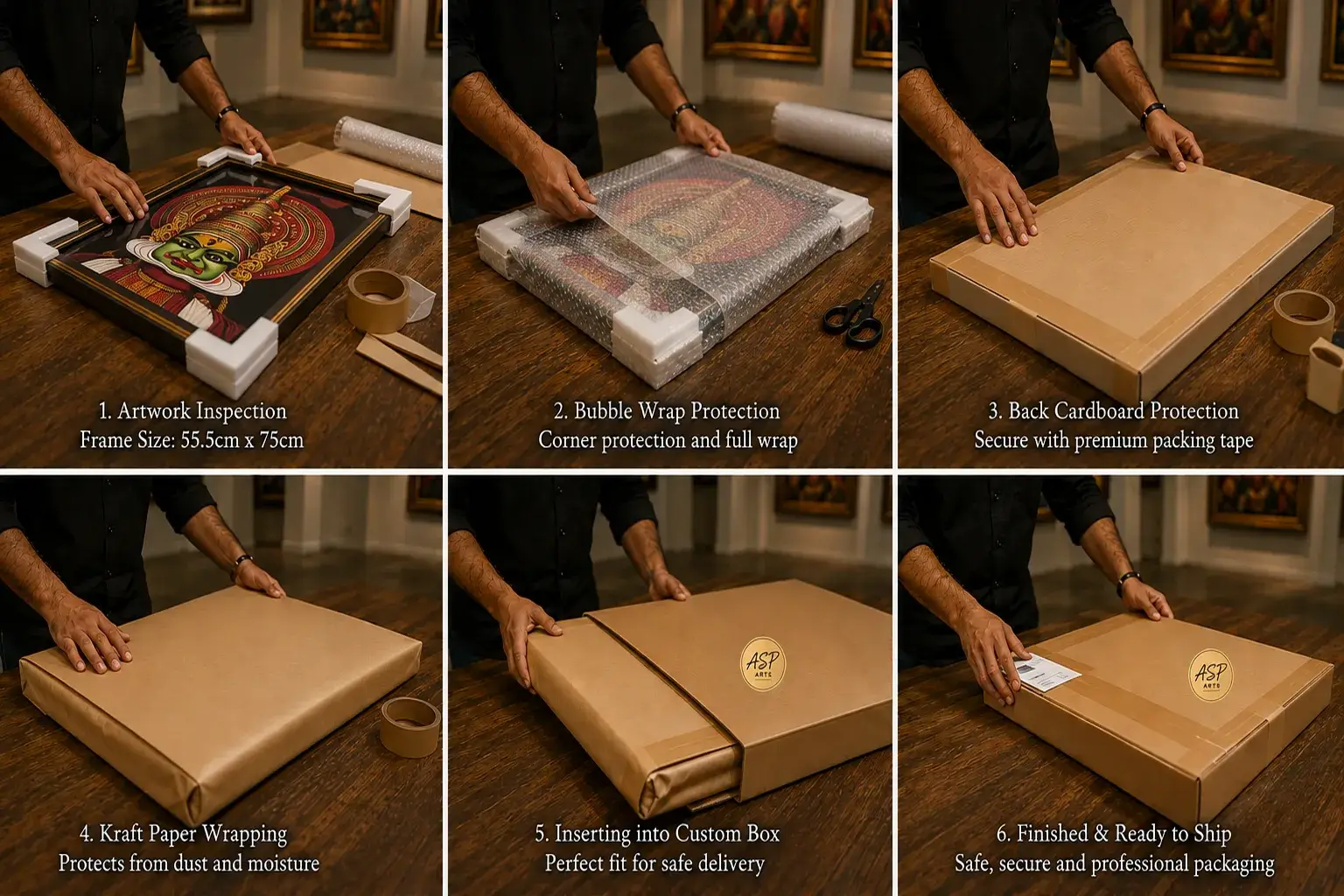 Framed artwork being securely wrapped and packed for safe shipping by ASP Arts
