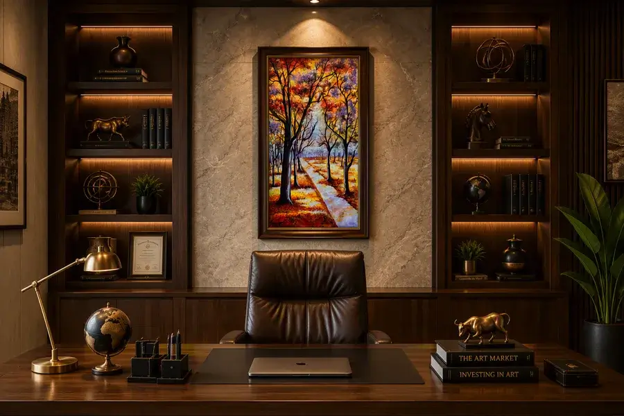 RED TREE FRAMED PAINTING IN OFFICE ROOM