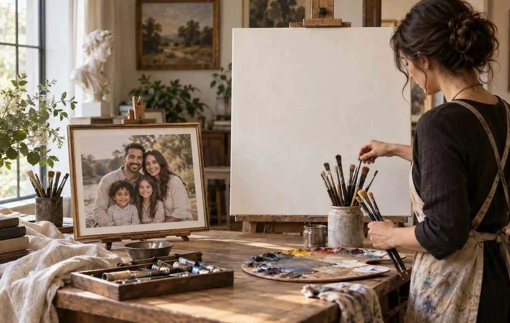Artist preparing a custom family portrait from a reference photograph