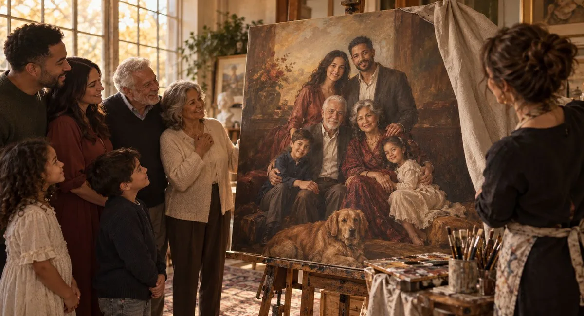 Multigenerational family admiring a warm hand-painted portrait
